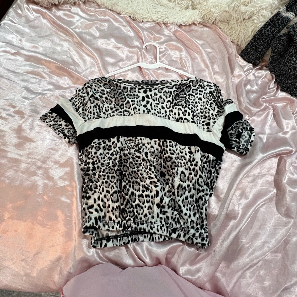 Cheetah print shirt with white and black stripe size small, cropped.